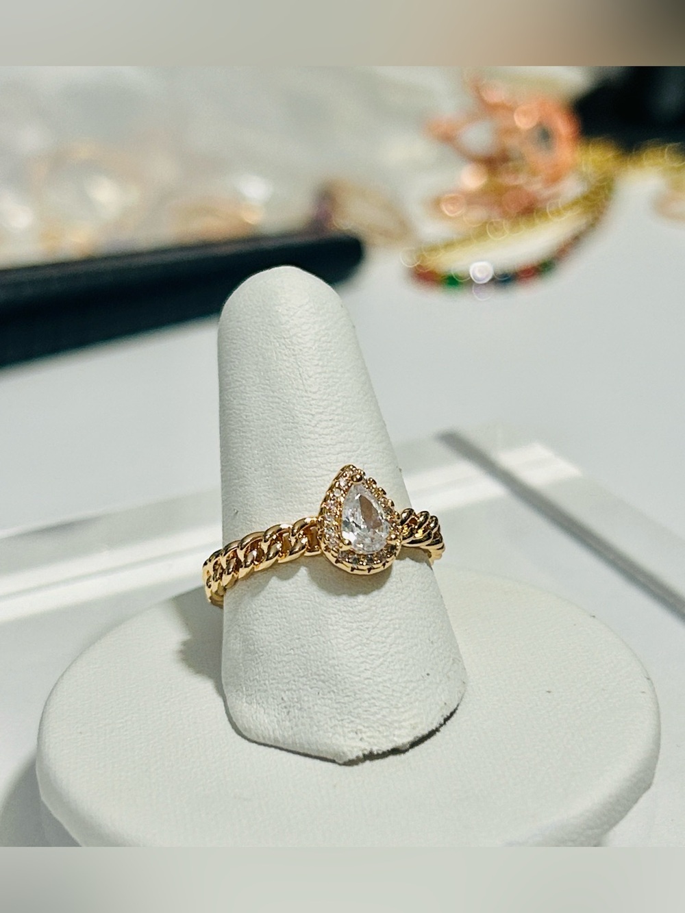 18K Rose Gold Plated Sz. 7 Teardrop Halo Ring